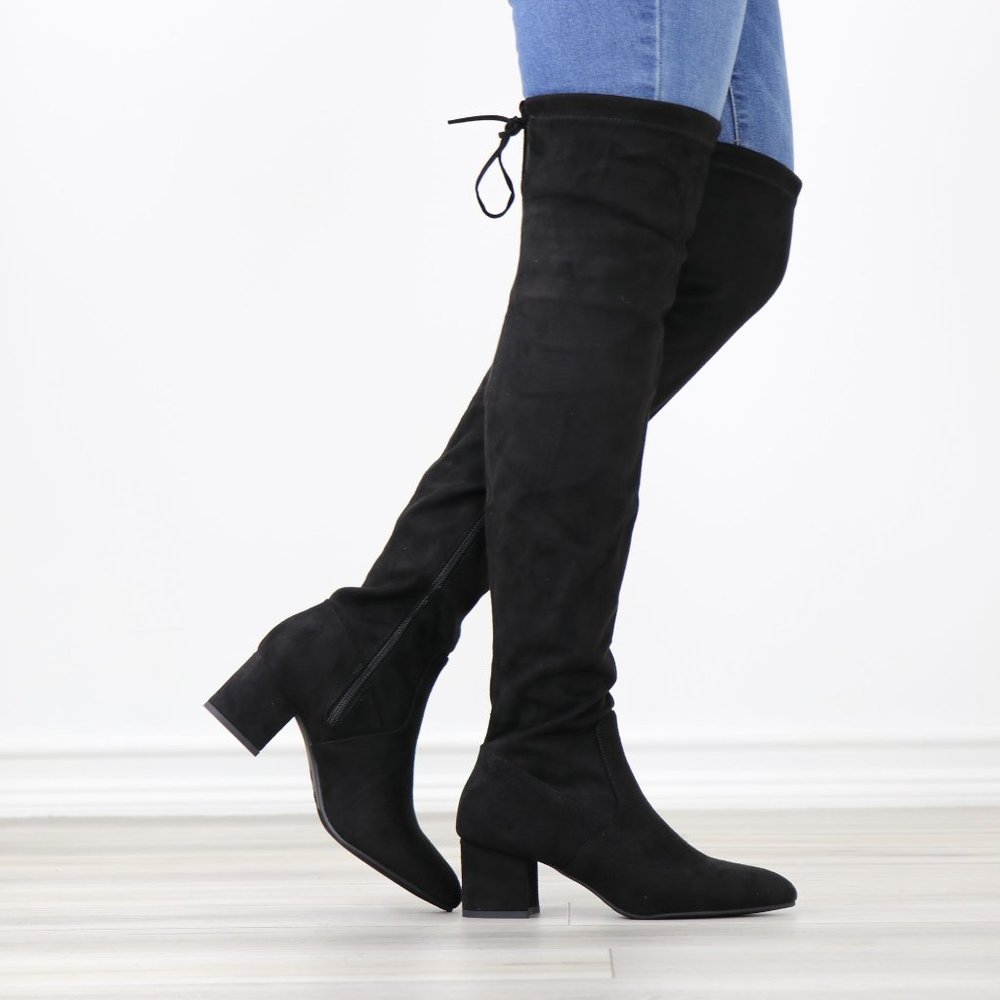 Black Faux Suede Pointy Toe Thigh High Over The Knee Low Block Heel Boots_10